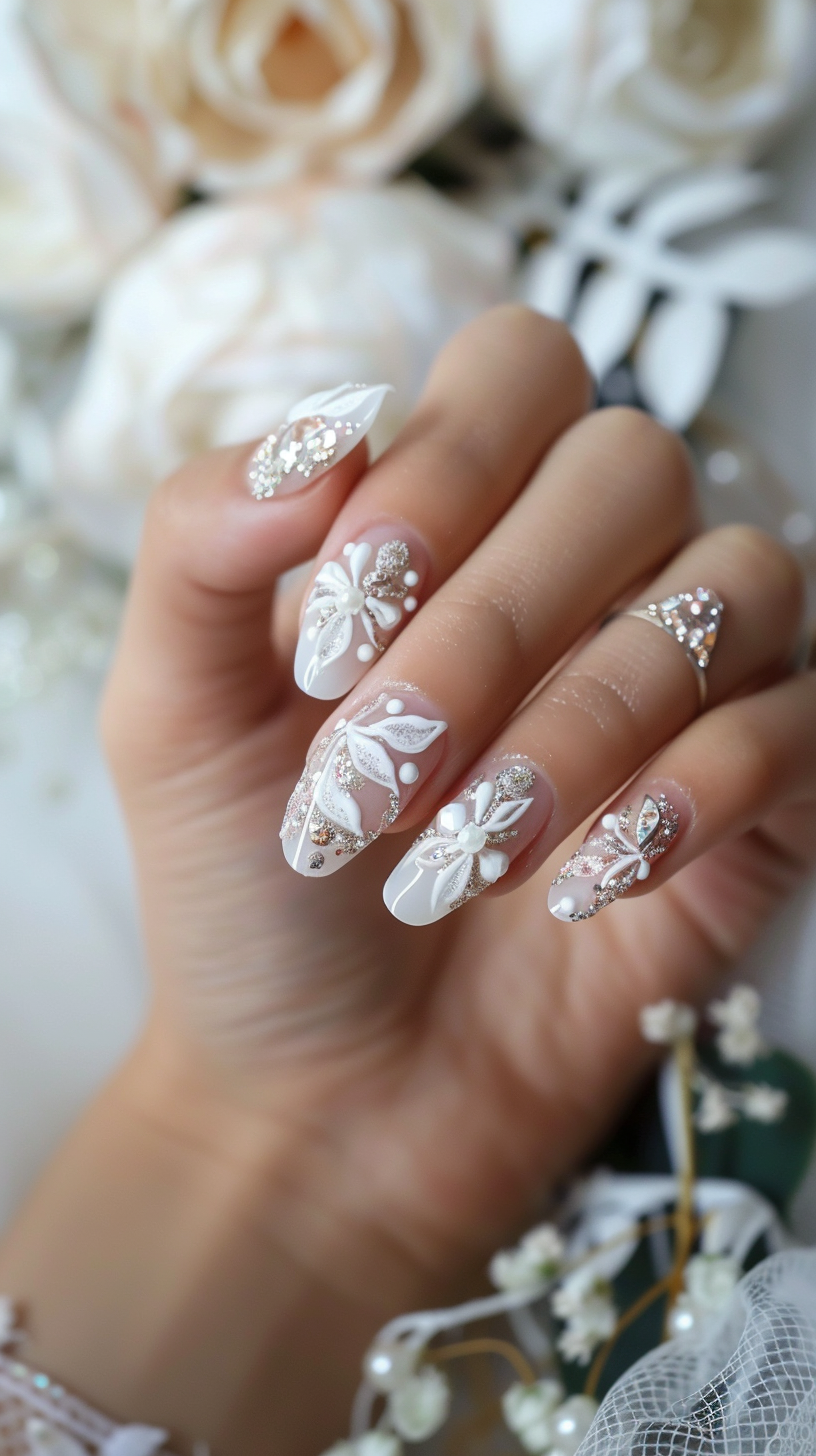 The image shows beautifully decorated bridal nails with an intricate white lace design. The nails feature delicate floral patterns made with white lacework and adorned with shimmering crystals and pearls.