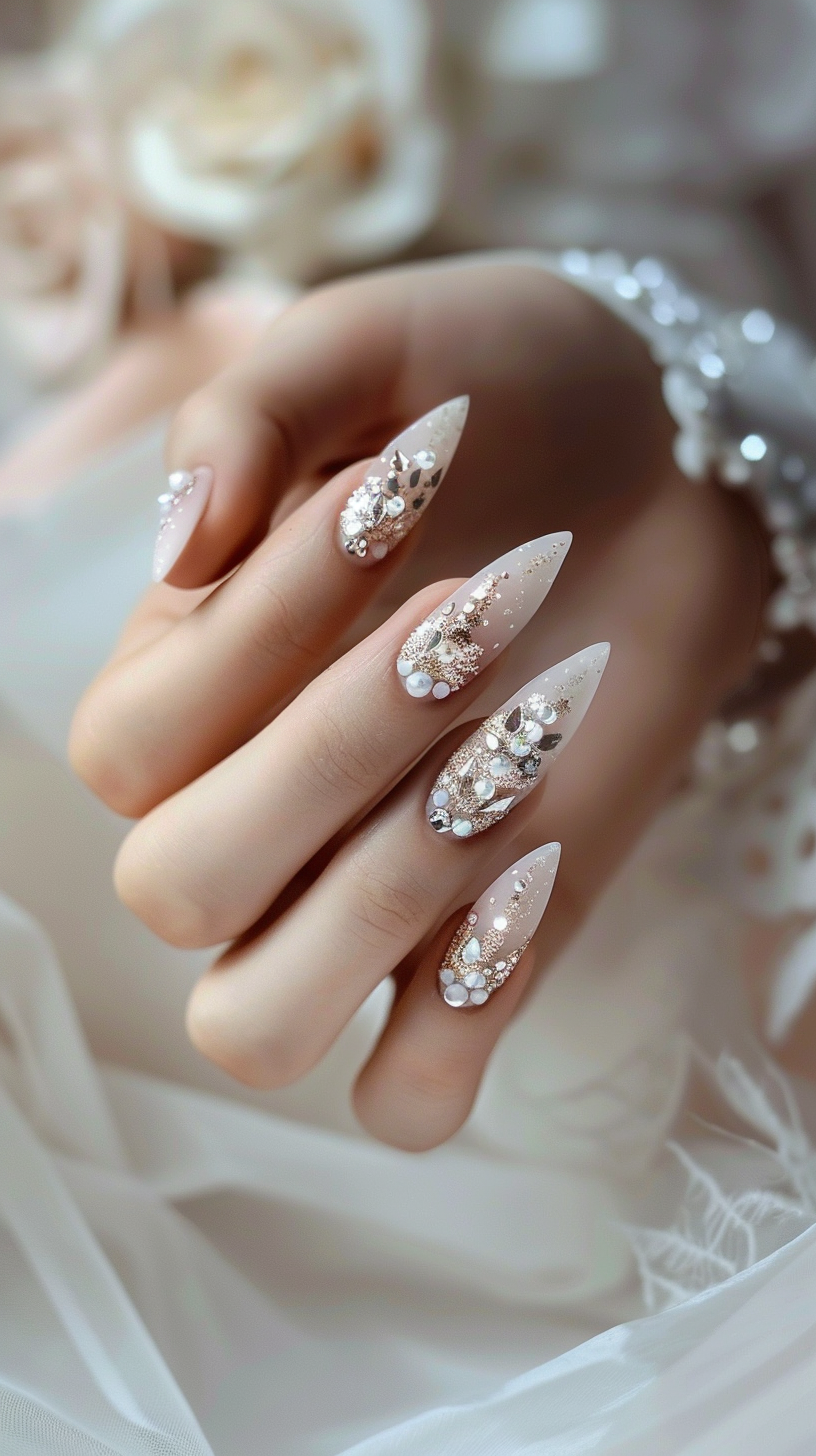 Stiletto nails with a nude base, accentuated with white and silver glitter, pearls, and crystal detailing for a refined bridal look.