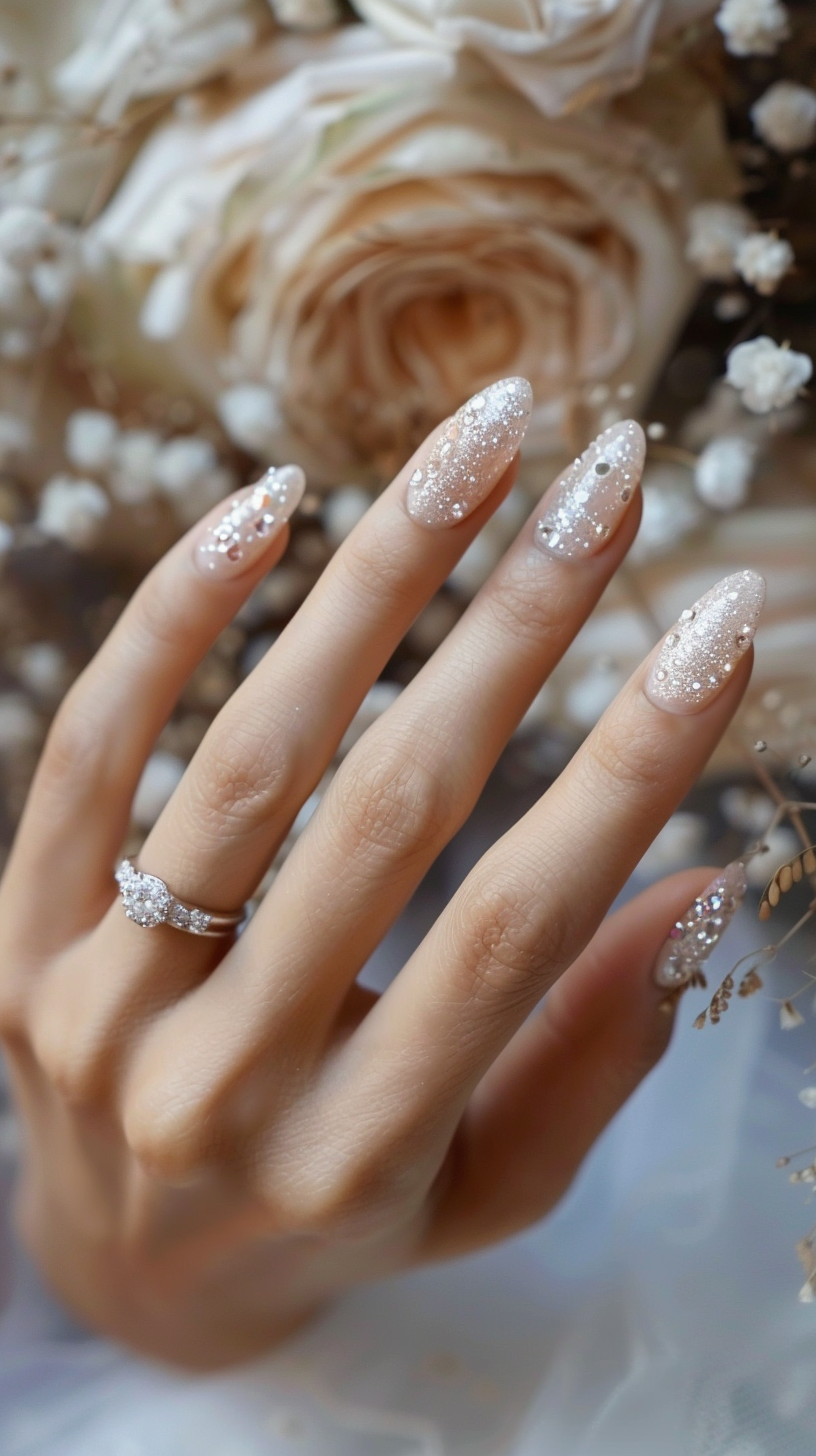 Oval nails coated in sparkling silver glitter, embodying a simple yet glamorous bridal style, complemented by a diamond ring.