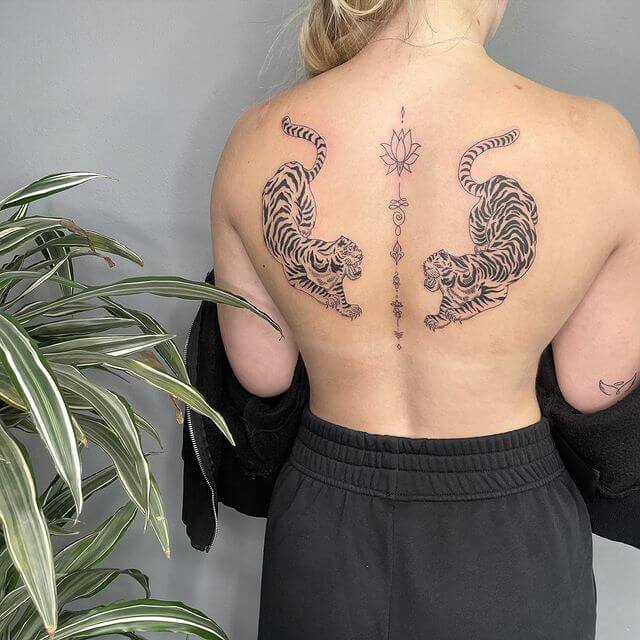 Couple Tigers Back Tattoo For Women