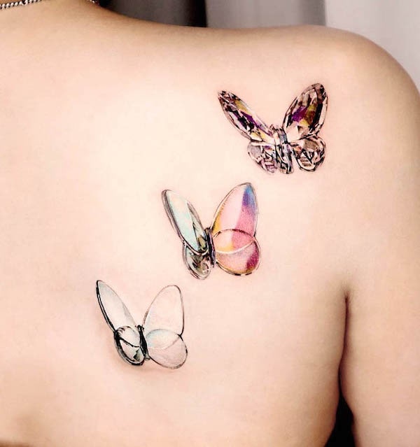 Crystal butterflies shoulder blade tattoo by @tattooist_siia