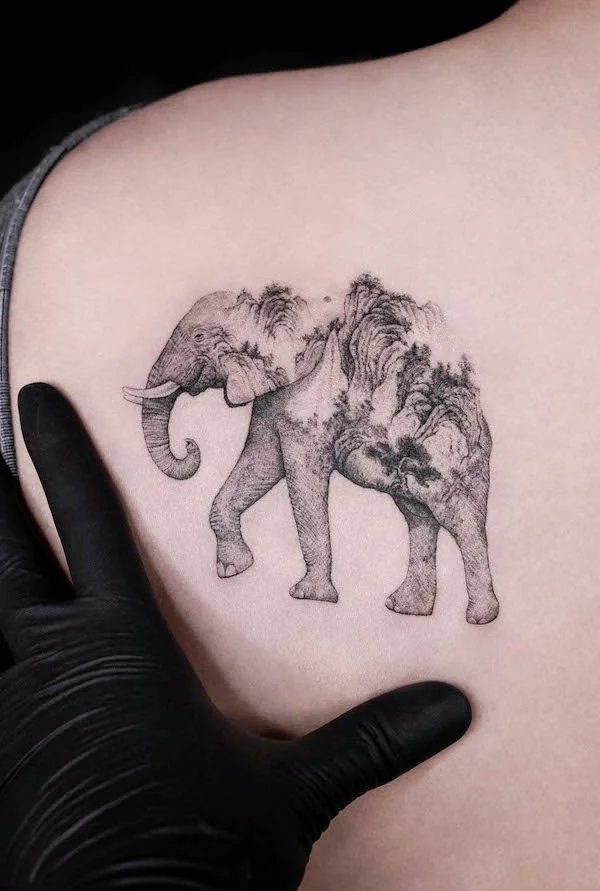 Conceptional elephant back of shoulder tattoo by @ink.feb24