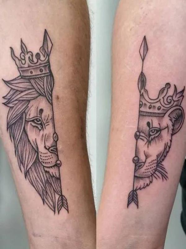 Half Lion king half lion queen with arrows tattoo