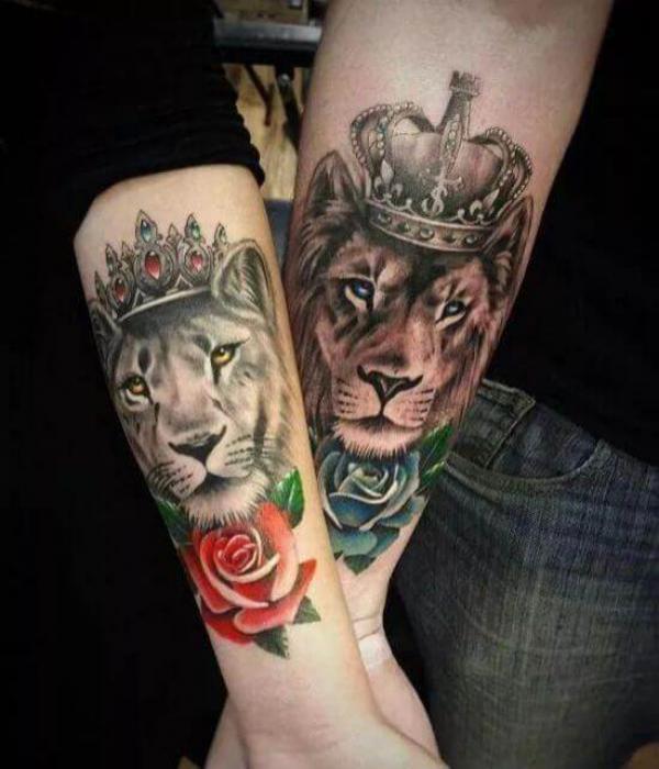 Lion and lioness king and queen with rose tattoo