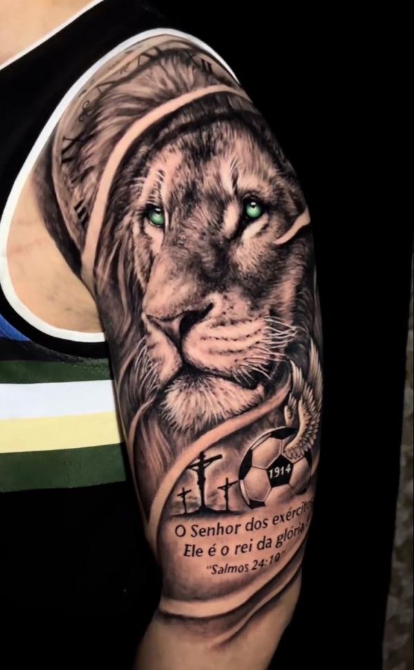 Lion king and 3 cross with bible verse tattoo