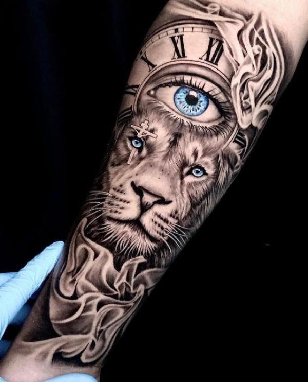 Lion king and clock with eye and smoke tattoo