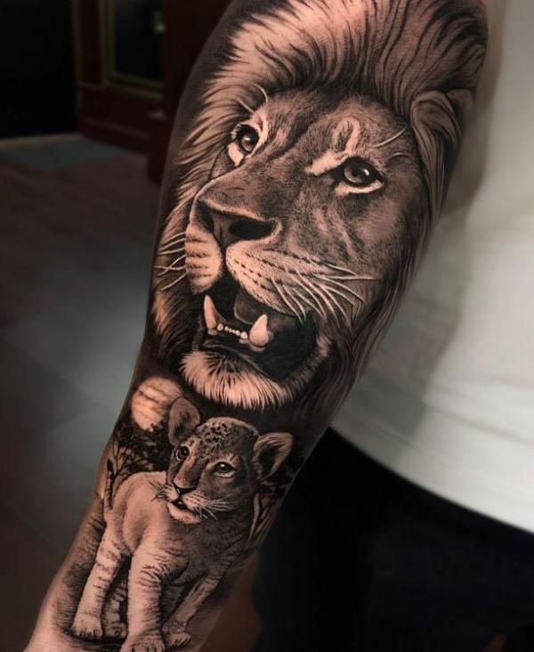 Lion king and cub tattoo realistic