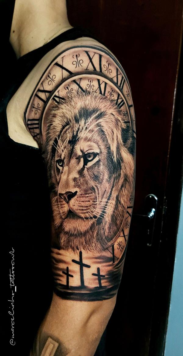 Lion king with clock and 3 cross tattoo