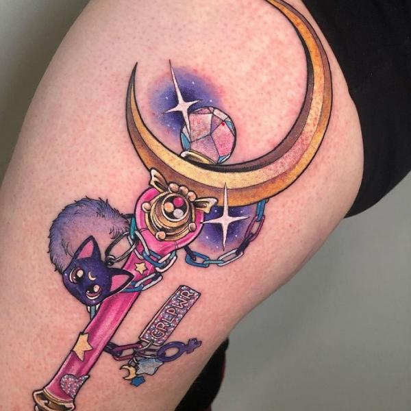 Luna and sailor moon wand tattoo thigh