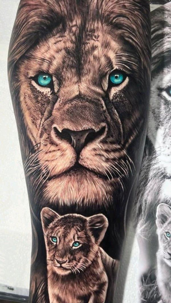 Realistic Lion king and cub tattoo