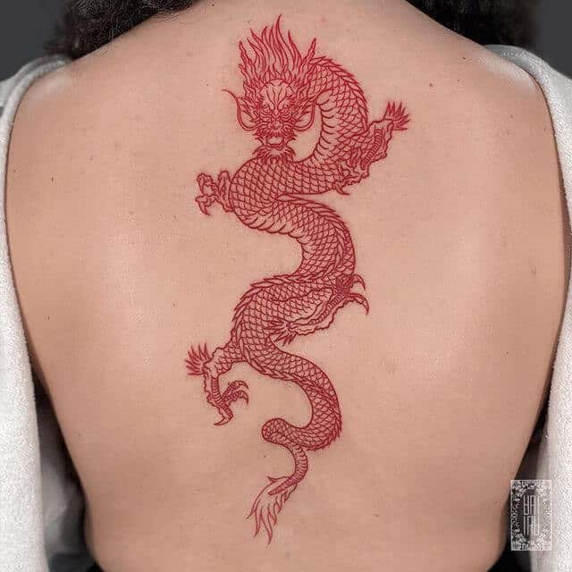 Red Dragon women back  tattoo