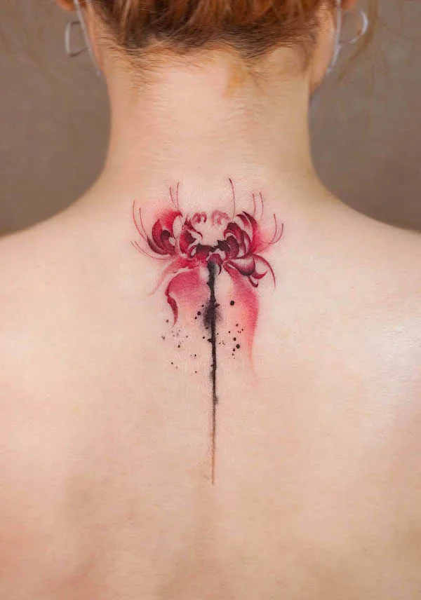 Red spider lily back tattoo by @leean.ink