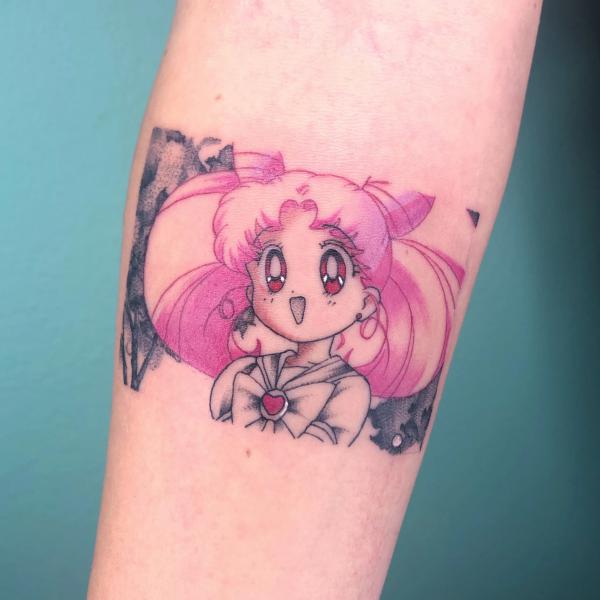 Sailor Chibi Moon tattoo on forearm