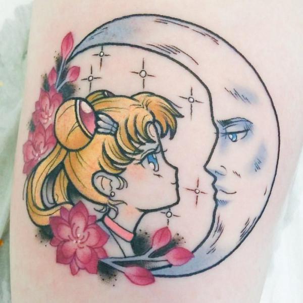 Sailor Moon and crescent moon face Tattoo