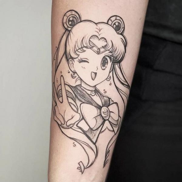 Sailor Moon fine line tattoo forearm