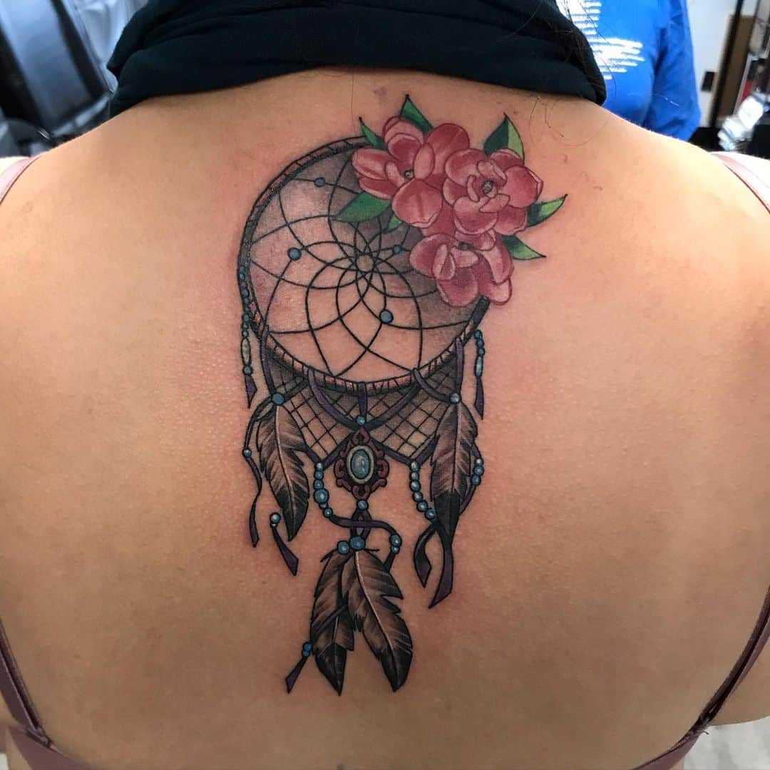 Small & Feminine Dream Catcher Tattoo On Back