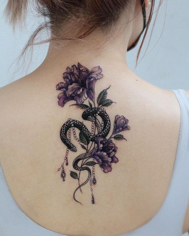 Snake And Flower  Back Tattoo