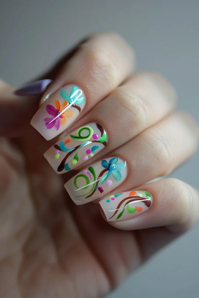 Spring Nails with Abstract Floral Swirls, Soft Colors