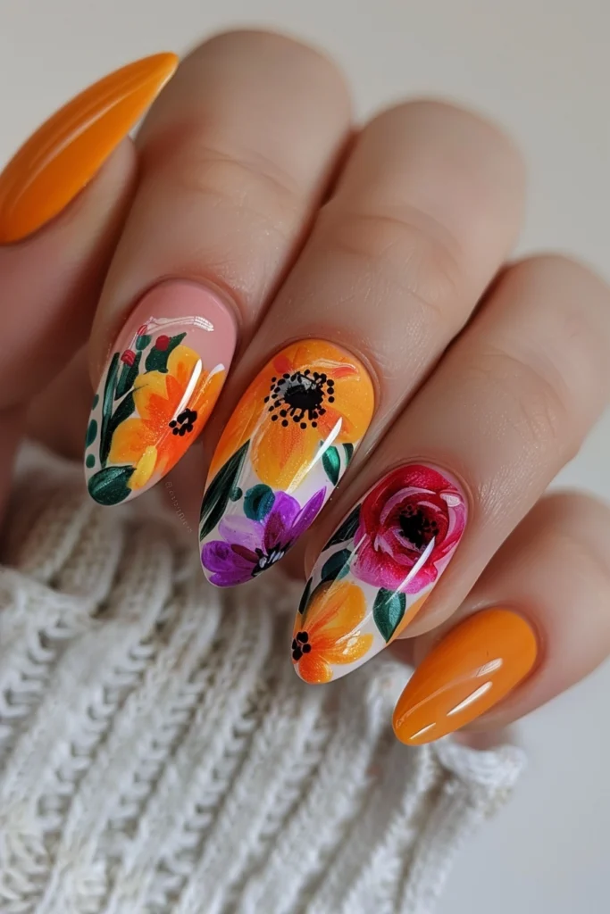 Spring Nails with Bold Floral Statement Nail