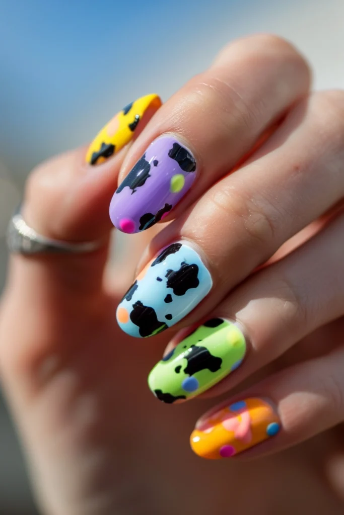 Spring Nails with Cow Print in Spring Colors