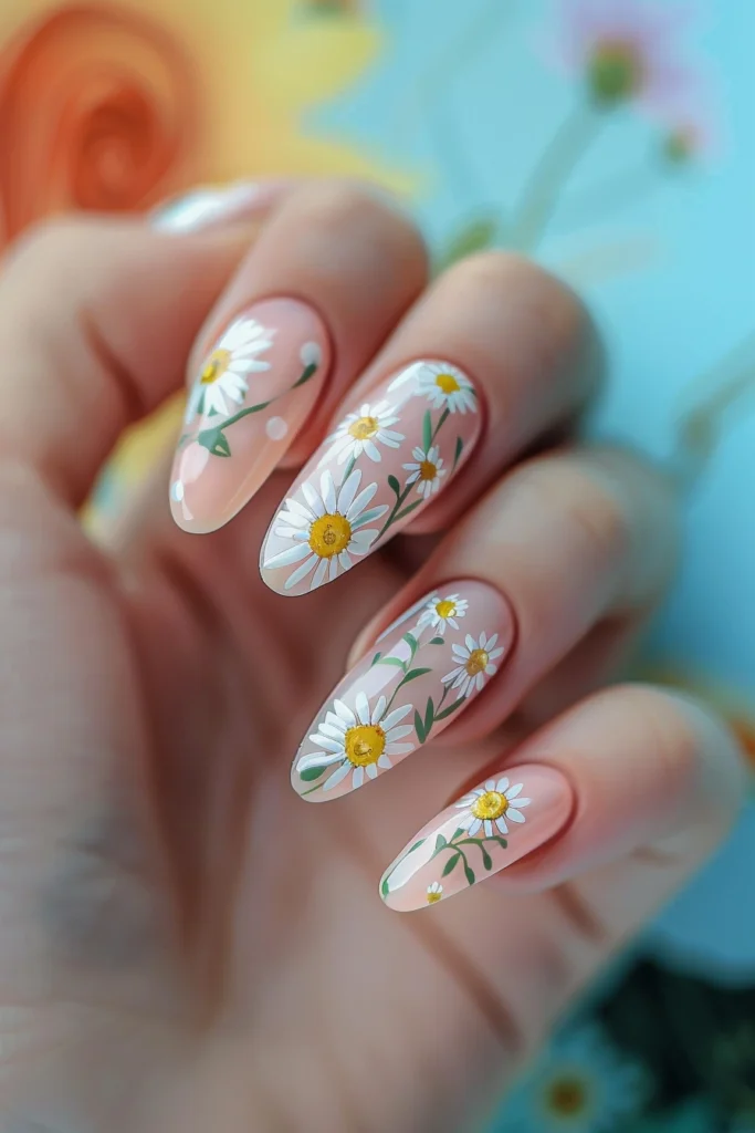 Spring Nails with Delicate Daisies on Pastel Background