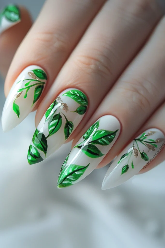 Spring Nails with Leafy Green Accents