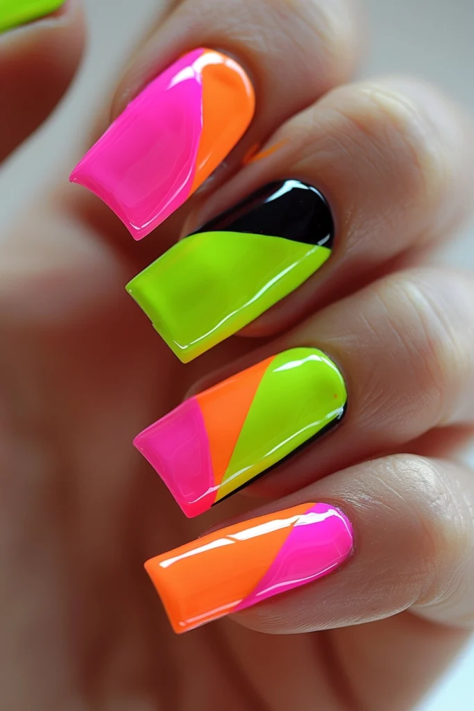 Spring Nails with Neon Color Block Nail Art