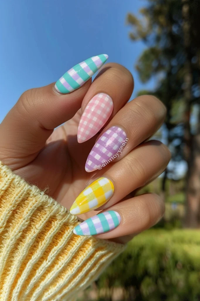 Spring Nails with Pastel Checkerboard Design