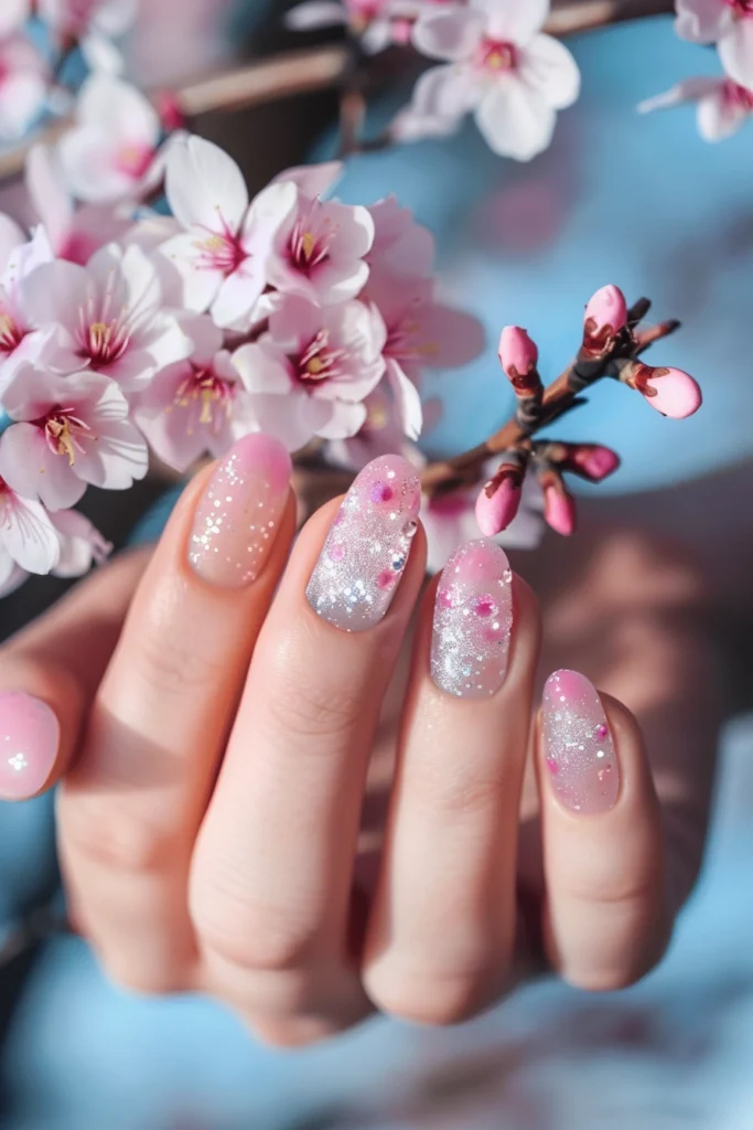 Spring Nails with Pastel Colors and Glitter Tips