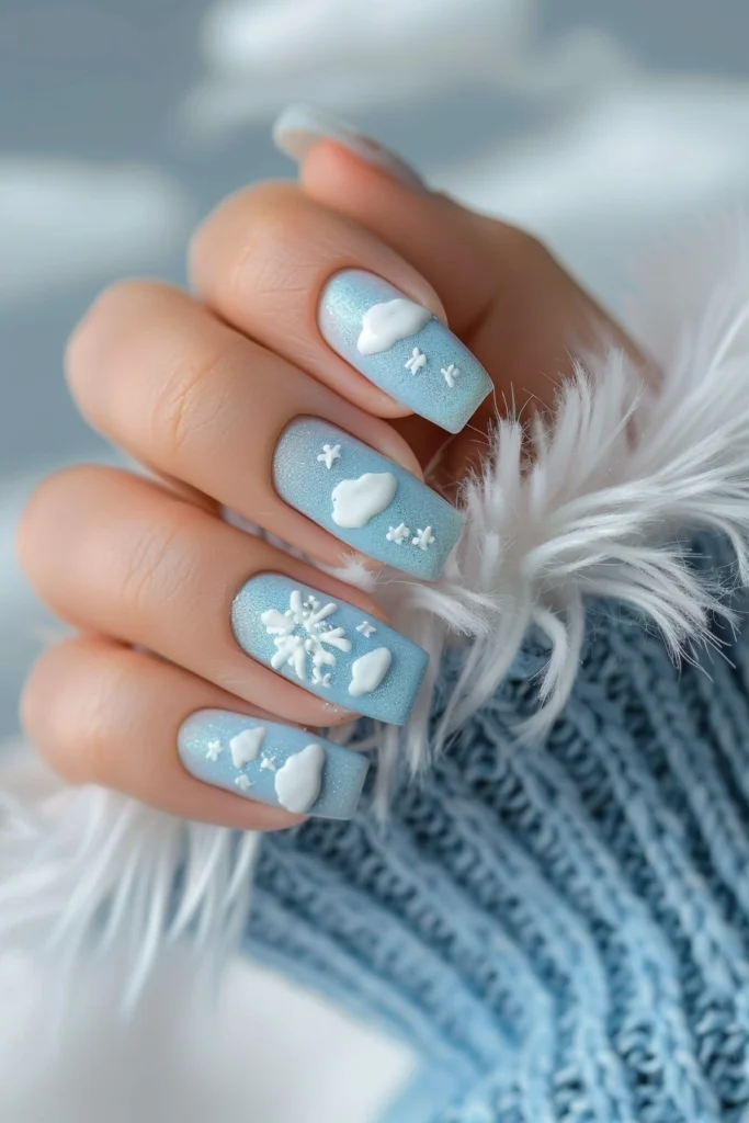 Spring Nails with Soft Blue Base and Fluffy White Clouds
