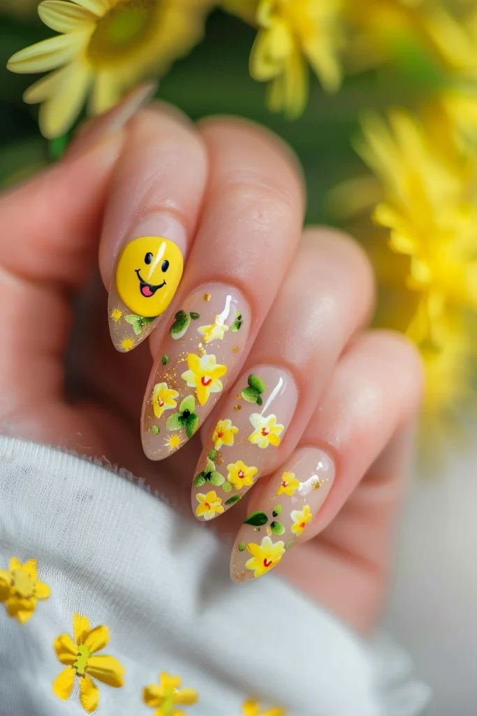 Spring Nails with Yellow Smiley Faces