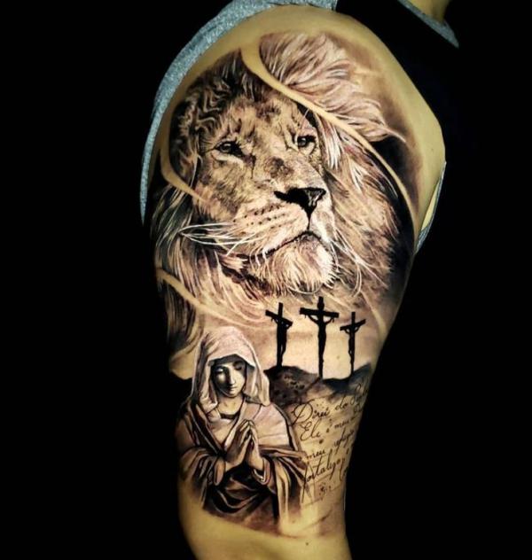 Virgin Mary and Lion King with 3 cross tattoo