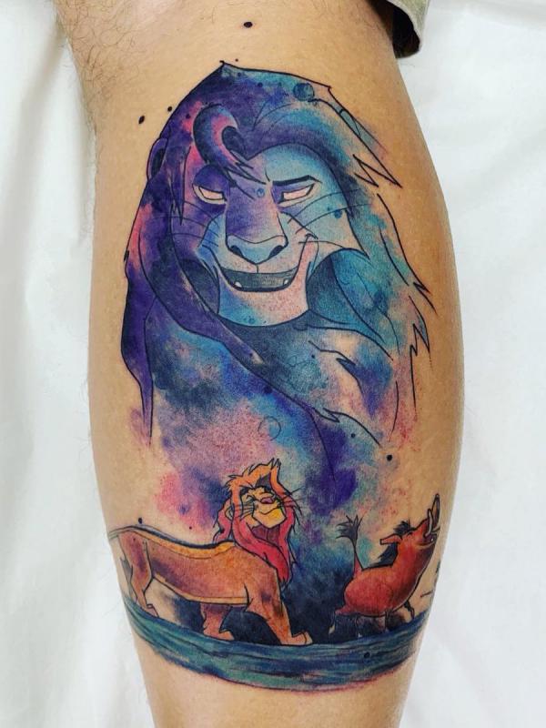 Watercolor Dislay Lion king tattoo on calf