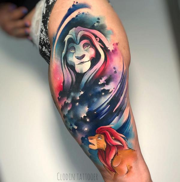 Watercolor Disney the Lion king tattoo thigh