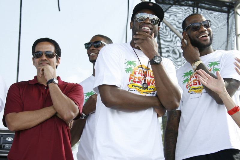 MIAMI, FL - MARCH 20: Erik Spoelstra, Chris Bosh, Dwyane Wade and LeBron James of the Miami Heat celebrates the Miami Heat Family Festival on March 20, 2011 at Watson Island in Miami, Florida. NOTE TO USER: User expressly acknowledges and agrees that, by downloading and/or using this Photograph, User is consenting to the terms and conditions of the Getty Images License Agreement. Mandatory copyright notice: Copyright NBAE 2011 (Photo by Issac Baldizon/NBAE via Getty Images)