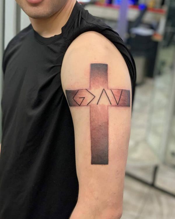 god is greater than the highs and lows cross tattoo half sleeve