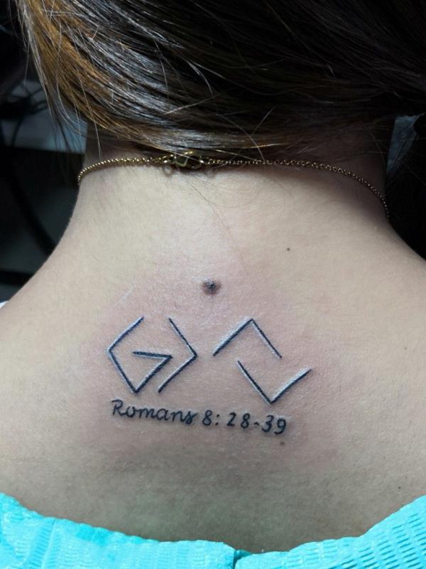 god is greater than the highs and lows with Romans 8 38 39 tattoo back