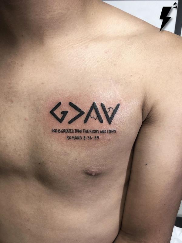 god is greater than the highs and lows with Romans 8 38 39 tattoo chest