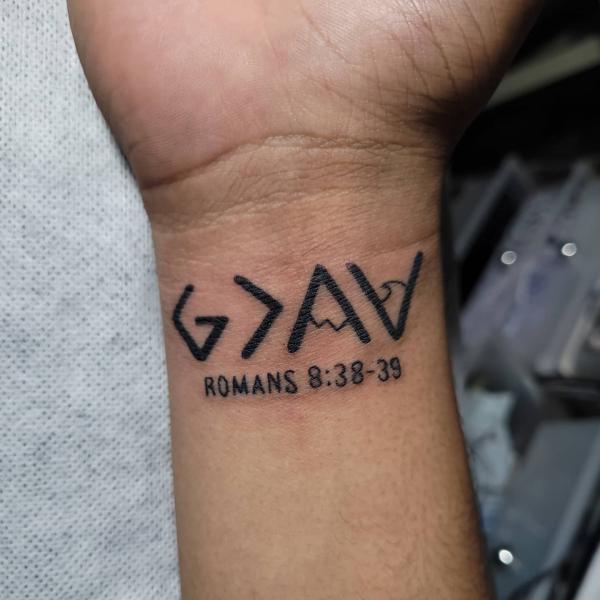 god is greater than the highs and lows with Romans 8 38 39 tattoo wrist