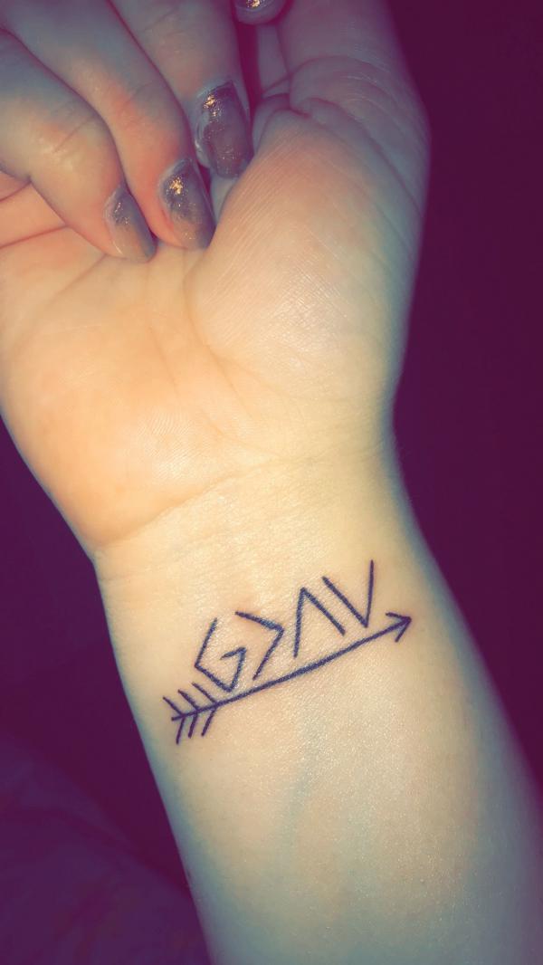 god is greater than the highs and lows with arrow tattoo wrist