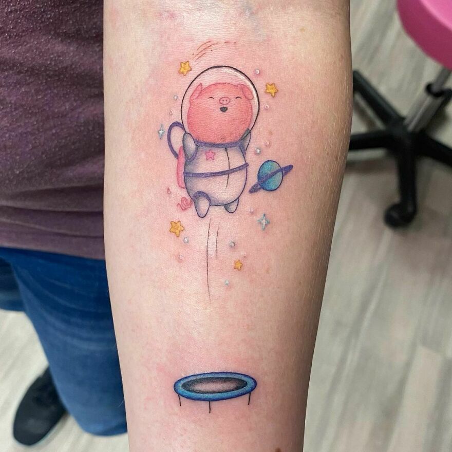 Cute Astronaut Pig arm Tattoo