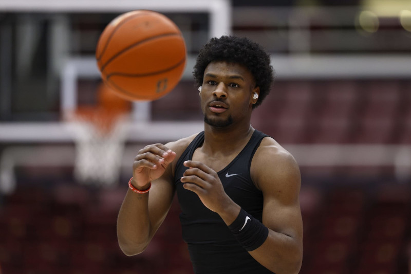 PALO ALTO, CALIFORNIA - FEBRUARY 10: Bronny James #6 of the USC Trojans warms up prior to the start of an NCAA basketball game against the Stanford Cardinal at Stanford Maples Pavilion on February 10, 2024 in Palo Alto, California. (Photo by Thearon W. Henderson/Getty Images)