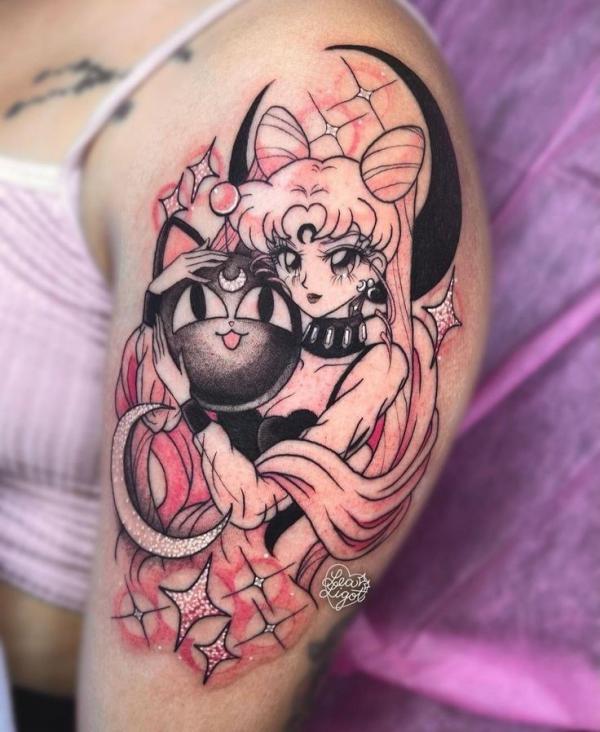 sailor moon and luna half sleeve tattoo