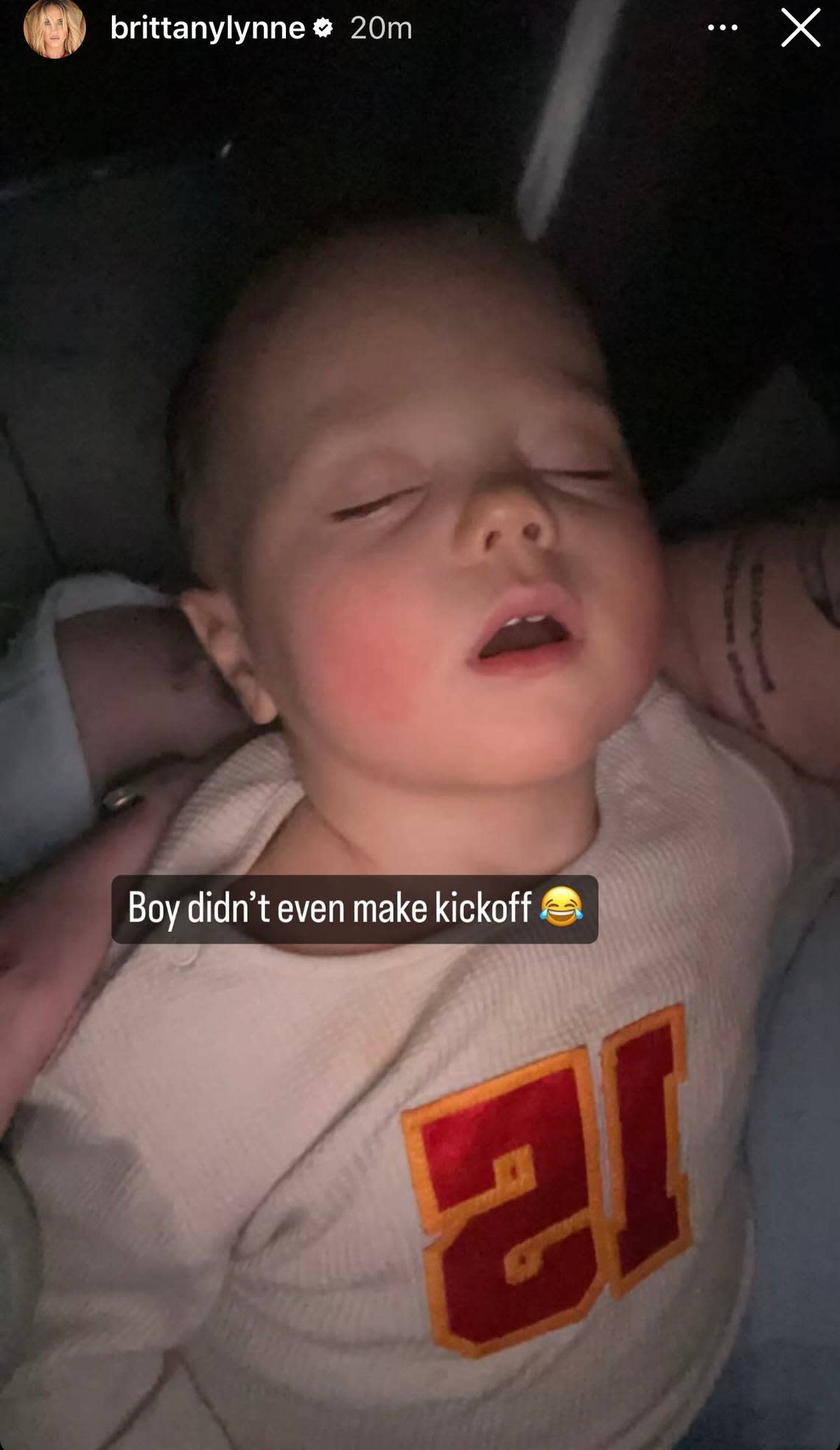 Baby “Bronze” Mahomes, fast asleep at the Super Bowl. Brittany Mahomes/Instagram