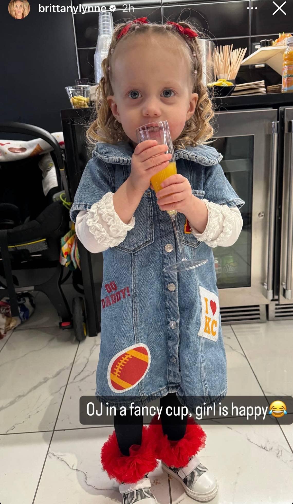 Sterling Mahomes with her Super Bowl orange juice. Brittany Mahomes/Instagram