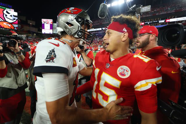 Mike Ehrmann/Getty Patrick Mahomes #15 of the Kansas City Chiefs shakes hands with Tom Brady #12 of the Tampa Bay Buccaneers after defeating the Tampa Bay Buccaneers 41-31 at Raymond James Stadium on October 02, 2022 in Tampa, Florida.