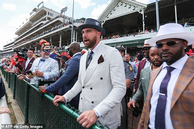 A dapper-looking Travis Kelce is in the house for Saturday night's Kentucky Derby in Louisville