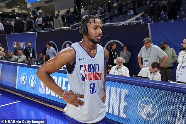 Ex-USC guard Bronny James, 19, talks to the media during the 2024 NBA Combine on May 15