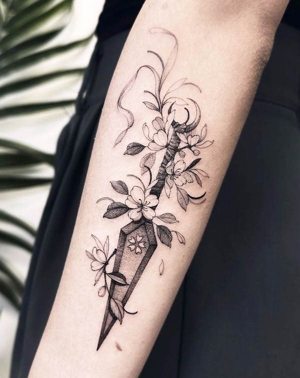 Black and white cherry blossom tattoo by @baroness.angel_