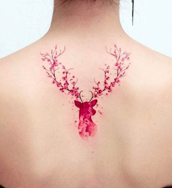 Cherry blossom deer tattoo by @koray_karagozler